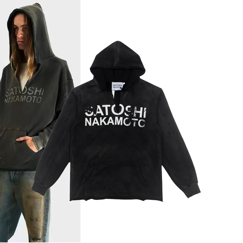 New SATOSHI NAKAMOTO Unisex Basic Hoodie Distressed Text Print Hood Pocket Ribbed Cuff Casual Pullover