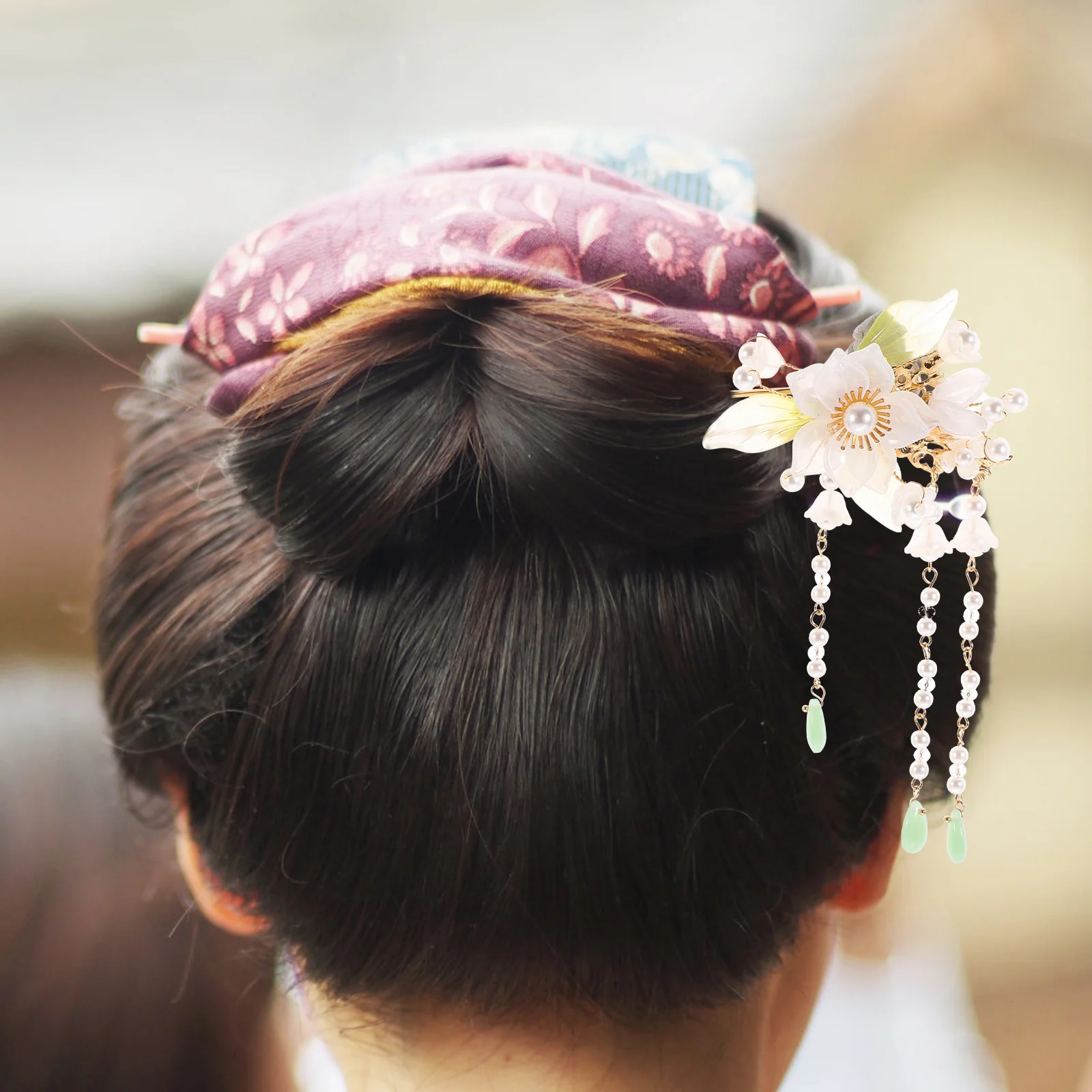 

Chinese Accessories Bead Head Fork Pins for Women Long Hair Buns Bridal Flower Tassel Hanfu Matching Wedding Banquet