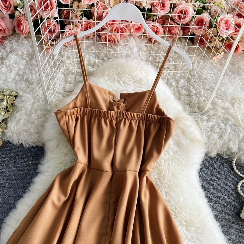 Vestido de playa Sexy liso para mujer, vestido de tirantes con cuello en V, sin mangas, cintura alta, faja, atado