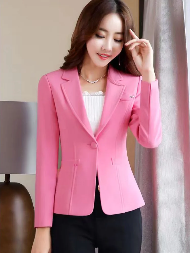 Pink Slim Fit Suit Jacket for Women Spring and Autumn Short-Sleeved Korean Style Casual Chic and Elegant Blazer Top for Women