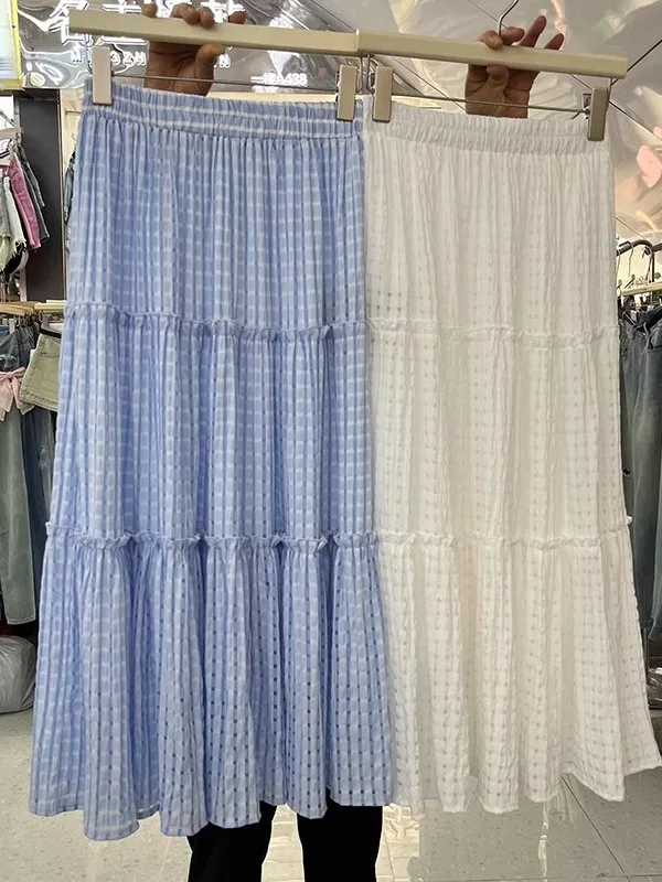 Koreańska Spódnica w Kratę Retro w Stylu A-Line Damska Spódnica Midi z Wysokim Stanem Letnia Elastyczna Spódnica Rozkloszowana Do Pracy Faion