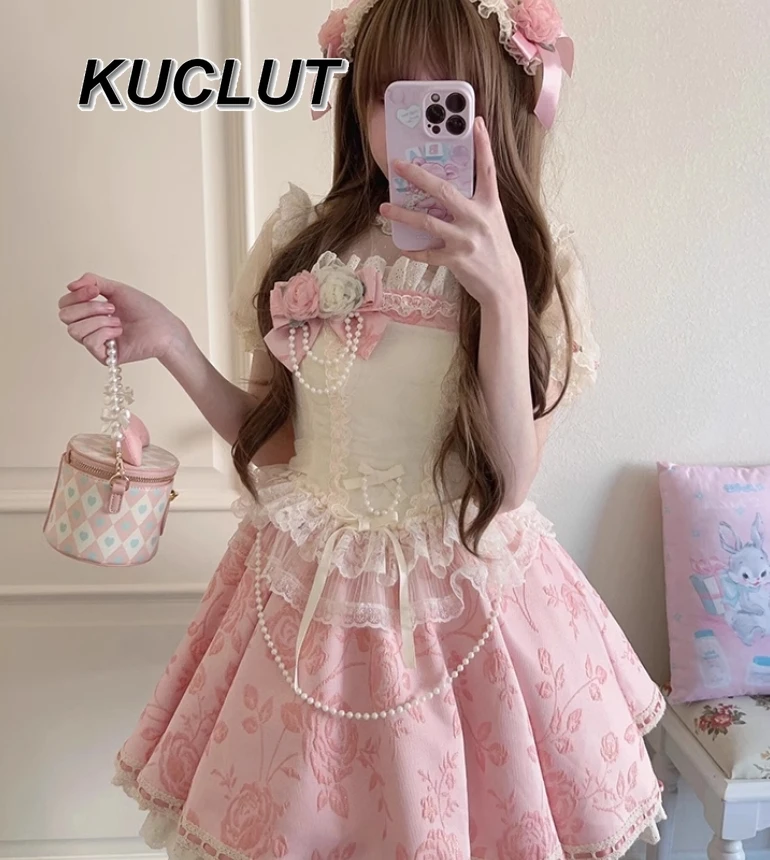 Jsk – robe Lolita en Jacquard pour femmes, douce et mignonne, courte et moelleuse, rose, robe de princesse élégante, nouvelle collection été 2025