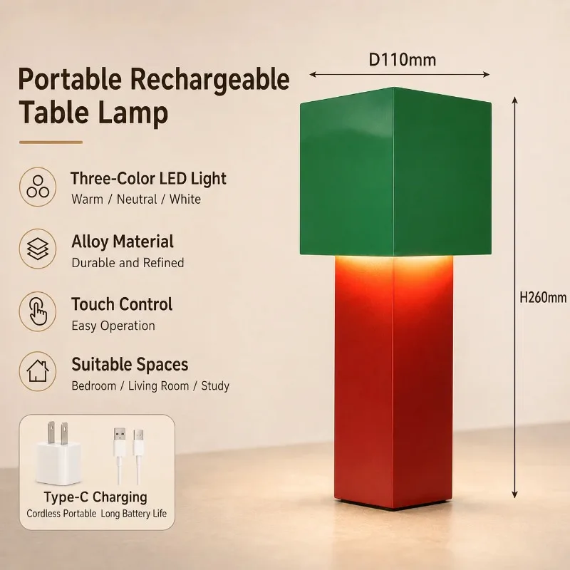 Cream Colored LED Desk Lamp Stepless Dimming Rechargeable Desk Lamp Portable Bedside Night Light Suitable for Study and Bedroom
