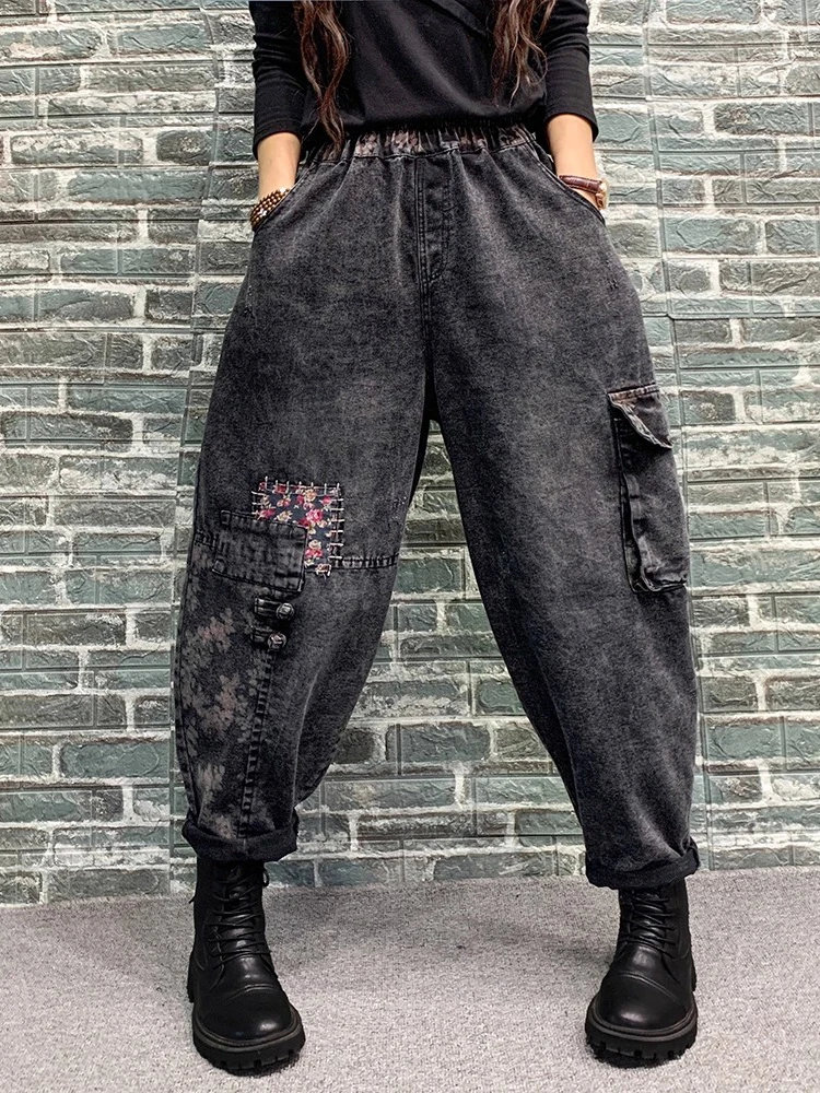 Amax LuluE 2025 الخريف السيدات الدنيم السراويل فضفاضة عادية الأزهار الجينز المرأة عادية الكلاسيكية التطريز خمر الشرير الحريم بنطلون #3