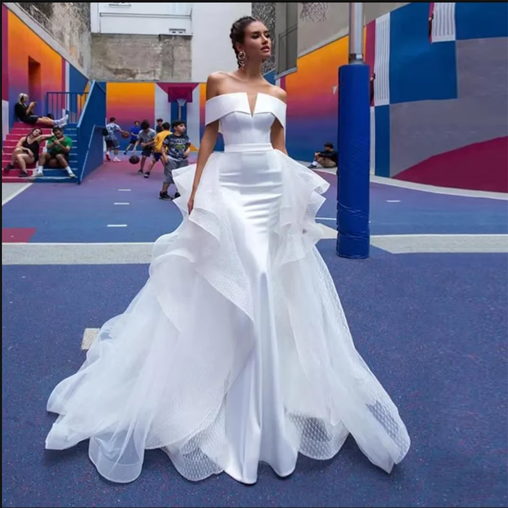 

Elegant Mermaid Wedding Dresses with Detachable Skirt Satin Bridal Dress Off The Shoulder Floor Length White Wedding Gowns Robe