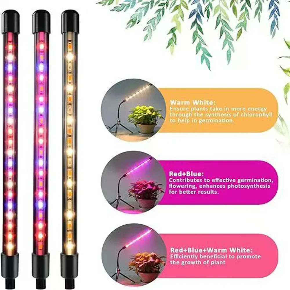 LED Plant Growth Lamp with Mini Desktop Tripod, 3-Color Full-Spectrum Potted Plant Lamp, USB Switching Spectrum Dimming Timing.