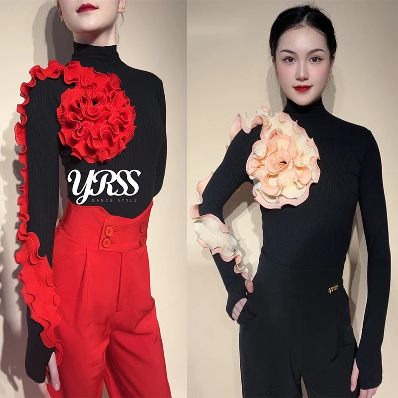 Blume Rüschen Ballroom Dance Tops Frauen Walzer Latin Dance Performance Kleidung Wettbewerb Trikots Erwachsene Tanz Kostüm BL17163