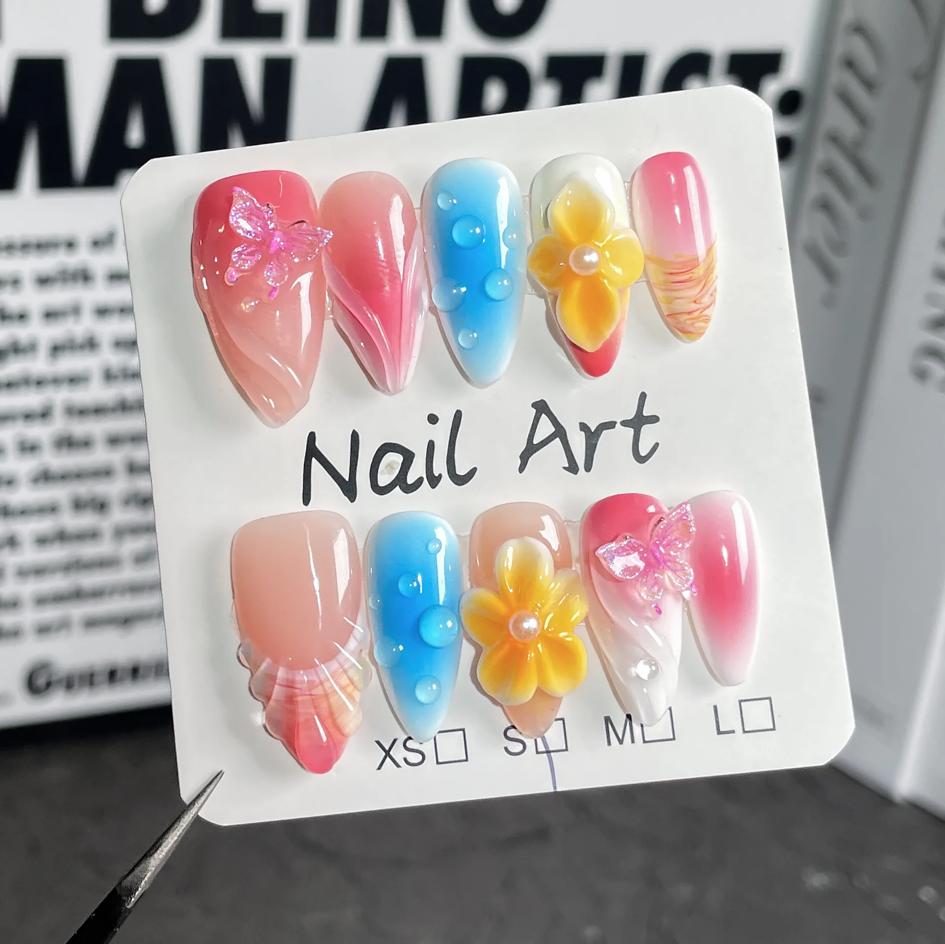 Imprensa de amêndoa artesanal em unhas 3d mão esculpida flor blush remendos de unhas falsas coreano bonito remendos de unhas falsas para menina wearable