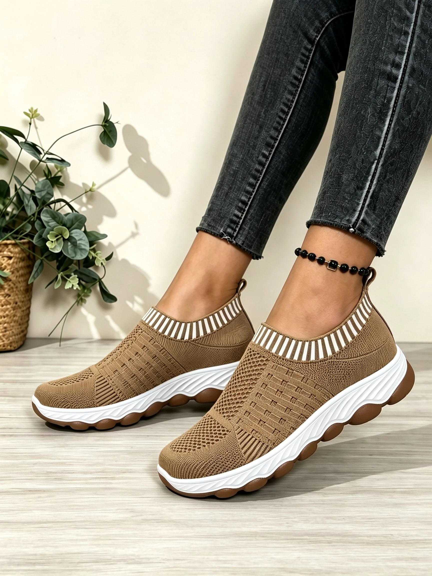 Frühling Herbst Damen Slip-On Strick-Wanderschuhe Atmungsaktives Mesh Rutschfeste Plattform Weiche Sohle Komfortable Orthopädische Freizeitsneaker – Detail 11