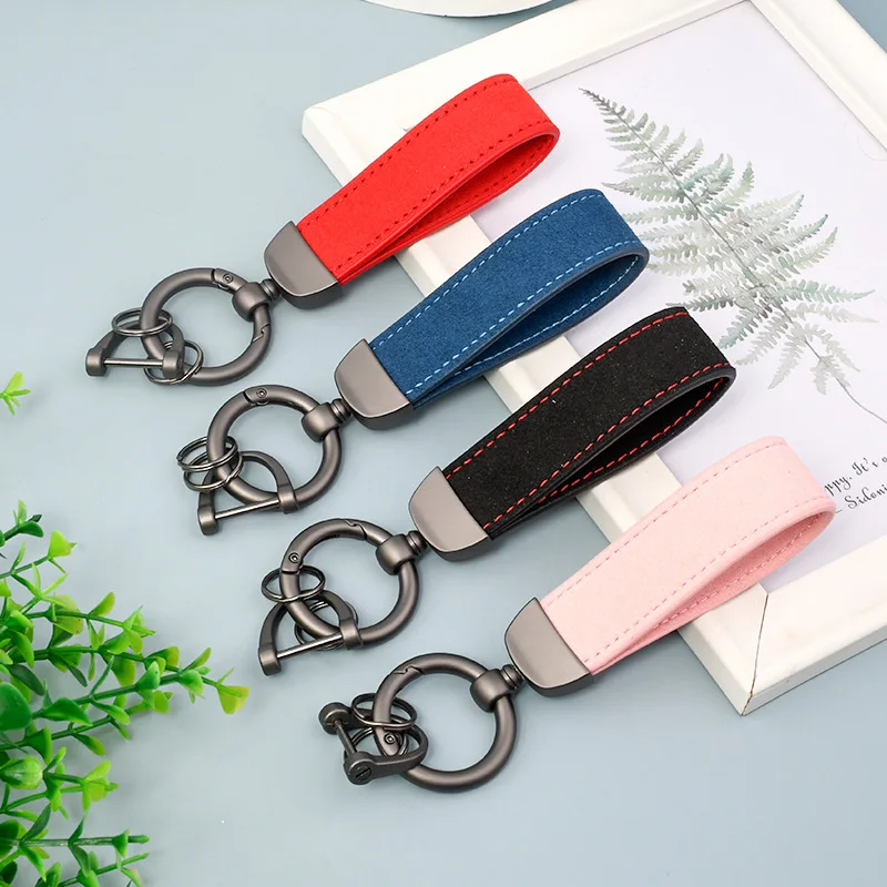 Custom LOGO Vintage Car Suede Leather Keychain for Men and Women Laser Engrave Key Chains Ring Personalize Company Name  Keyring