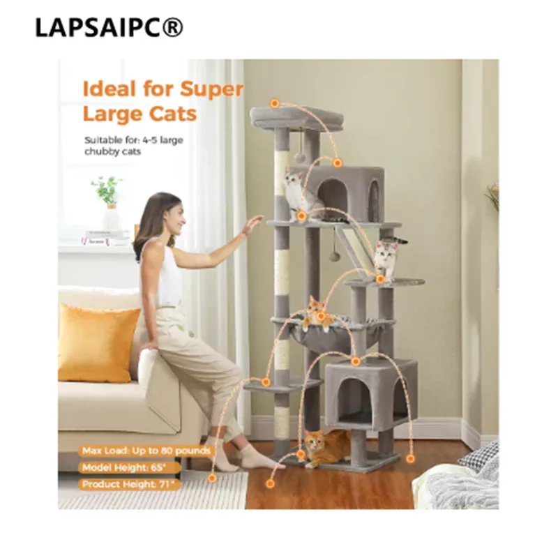 

Cat Tree for Large Cats, Tall Cat Tower for indoor Cats Multi-level Cat House Furniture with 2 Big Condo Pad Bed Scratching Pos