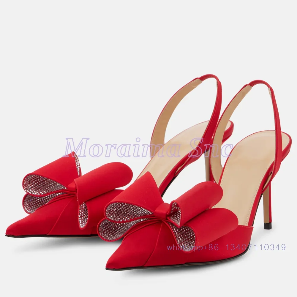 Crystal Bling Bow Detail Satin Pumps Pointed Toe Slingback Stiletto High Heels Women's Dress Shoes Summer Sandals Red Solid 2024