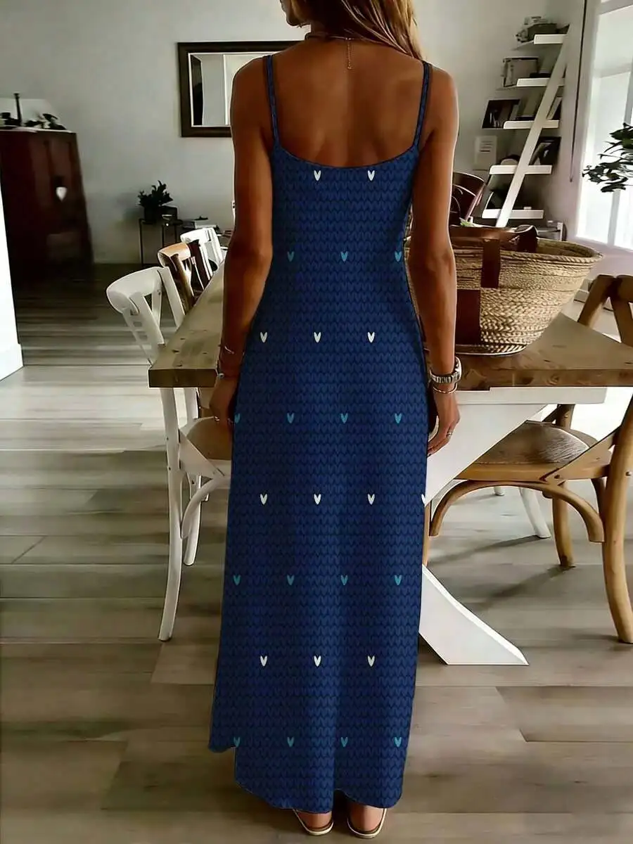 

Blue Heart Print Sleeveless V Neck Midi Dress For Women Casual Leisure