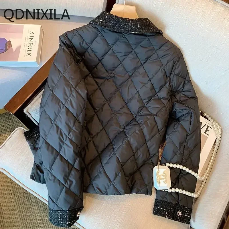 Xiaoxiangfeng-Chaqueta acolchada negra de celosía para mujer, Parkas de invierno, abrigos nuevos, temperamento retro, abrigo corto delgado y ligero