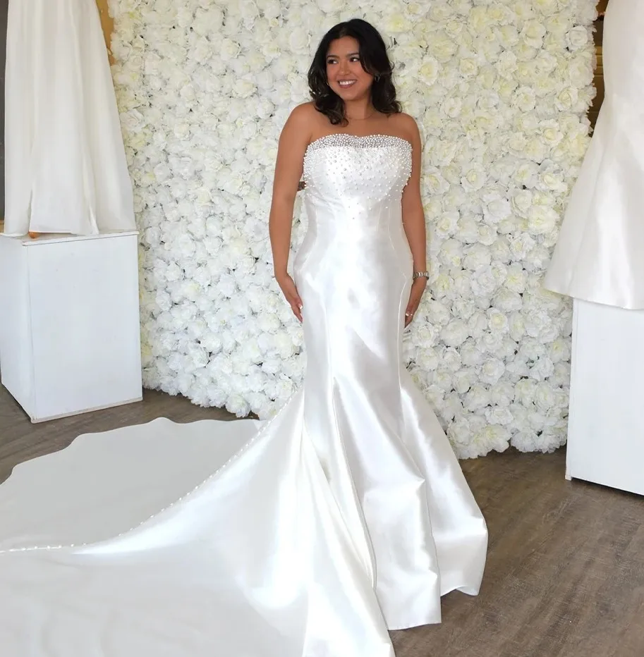 

2026 New African Wedding Dress For Bride Bridal Gowns Strapless Satin Beaded Pearls Mermaid Vestidos De Noiva