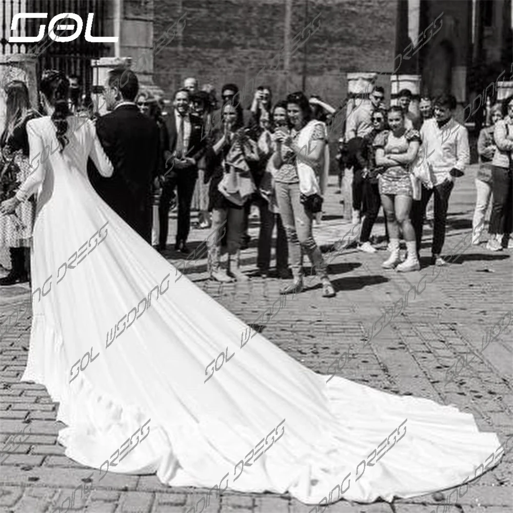 Vestido De Novia De sirena con Espalda descubierta, vestido De Novia elegante De manga larga con cuello en V y tren desmontable