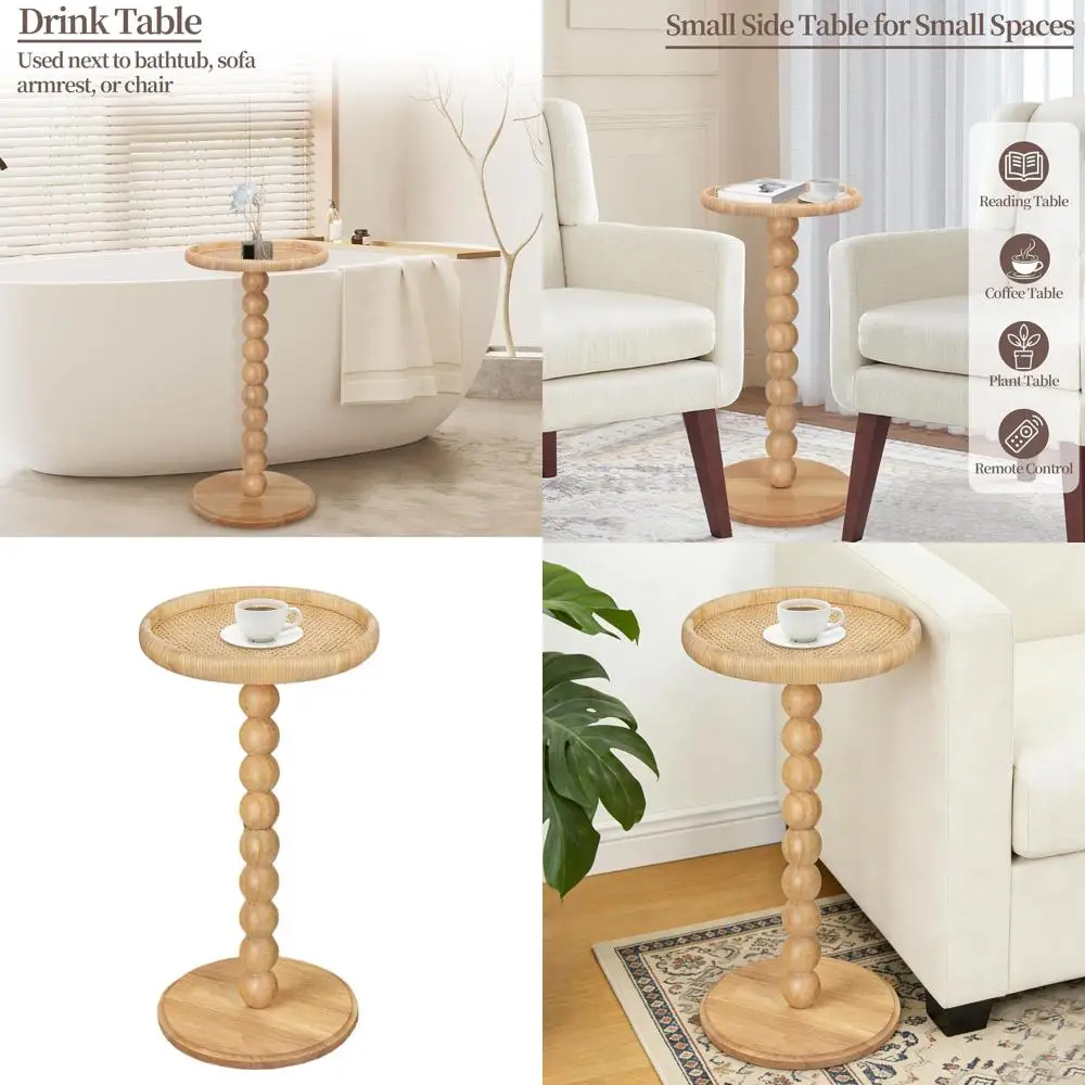 

Compact Rattan Round Side Table for Cozy Spaces, Wooden Circle End Table for Living Room, Bedroom, and Corners, Natural Finish