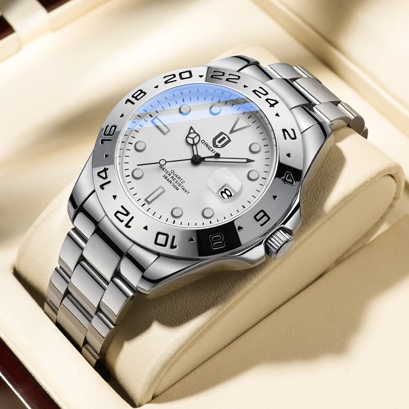 QINGXIYA Top Brand Luxury Solid Stainless Steel Quartz Watch for Men Waterproof Luminous Hands Date Sport Wristwatch Mens Clock