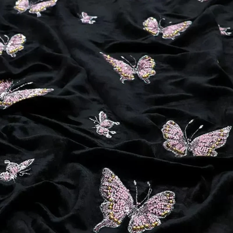 1meter Silk Embroidered Georgette Fabric Black Floral Beaded Sequin Luxurious Soft Drapey Wedding Gown Stage Dress DIY Sewing