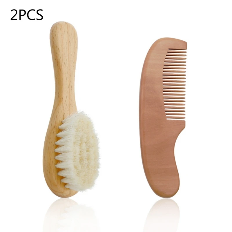 Baby Hair Brush & Comb Set Wooden Handle Baby Round Hair Brush Natural Goat Bristle Cradle-Cap Brush for Toddler Infant