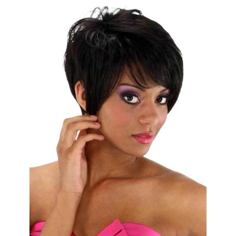 

with straight , curly hair, fluffy short bangs, black and dark brown women's wig