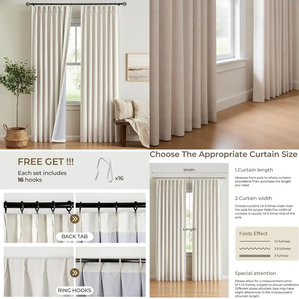 Memory Foam Insulated Linen Blackout Curtains, 90 Long, 2-Panel Set for Bedrooms & Living Rooms