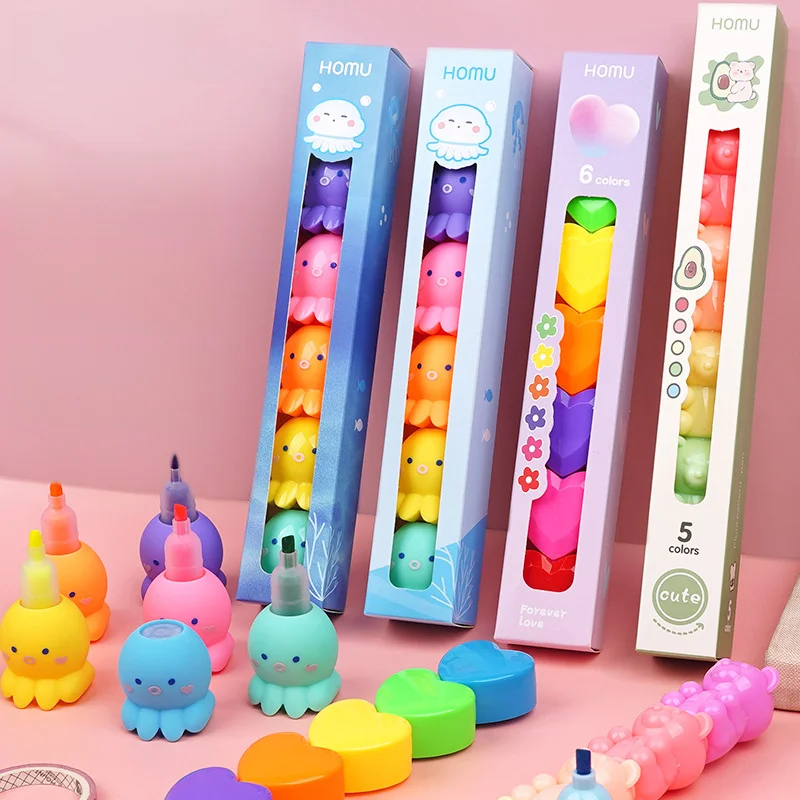 Cute octopus bear heart octopus highlighter creative cartoon shape hand account pen colorful oblique head marker pen