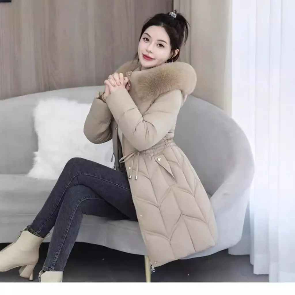 

Women's down Cotton-padded Jacket Korean-style Mid-length Waisted Large Fur Collar Hooded Thickened Winter Coat