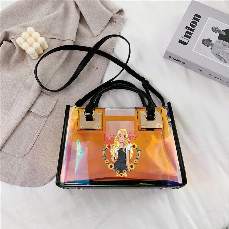 Barbie Princess Summer borsa trasparente Anime Y2K ragazze laser borsa da spiaggia borsa a tracolla borse da donna Pu Messenger Organizer