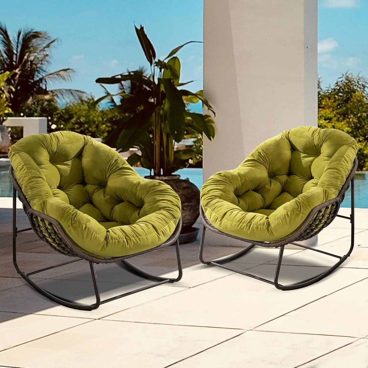 

Outdoor Papasan Rocking Chair - Oversized Comfy Patio Chair Set of 2 Indoor Egg Royal Double Rattan Rocking Chair with Cushion