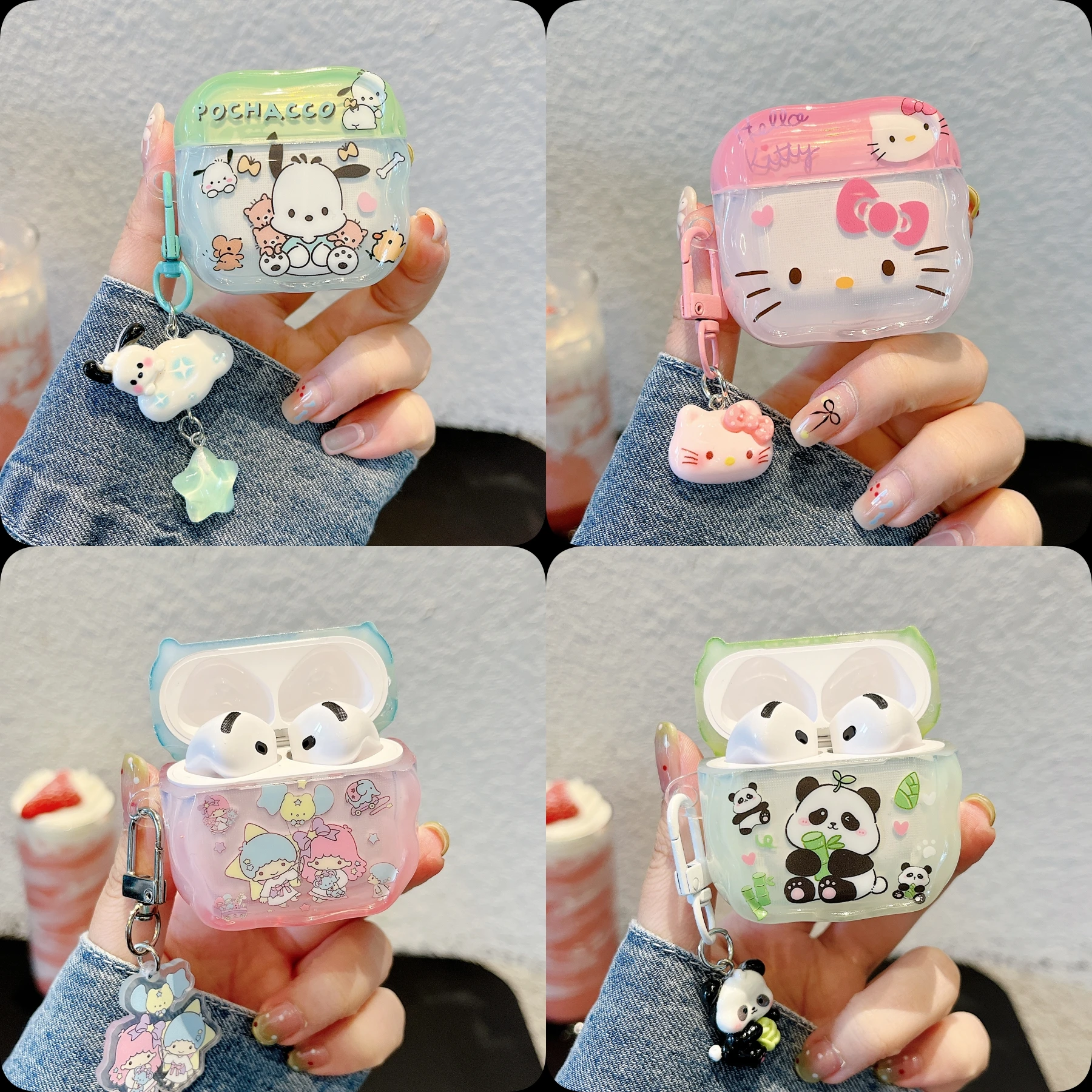 

Sanrio Character Hello Kitty&Pochacco&Little Twin Star&Panda Wave Edge Style With Pendant Earphone Case For Airpods 1 2 3 4 Pro2