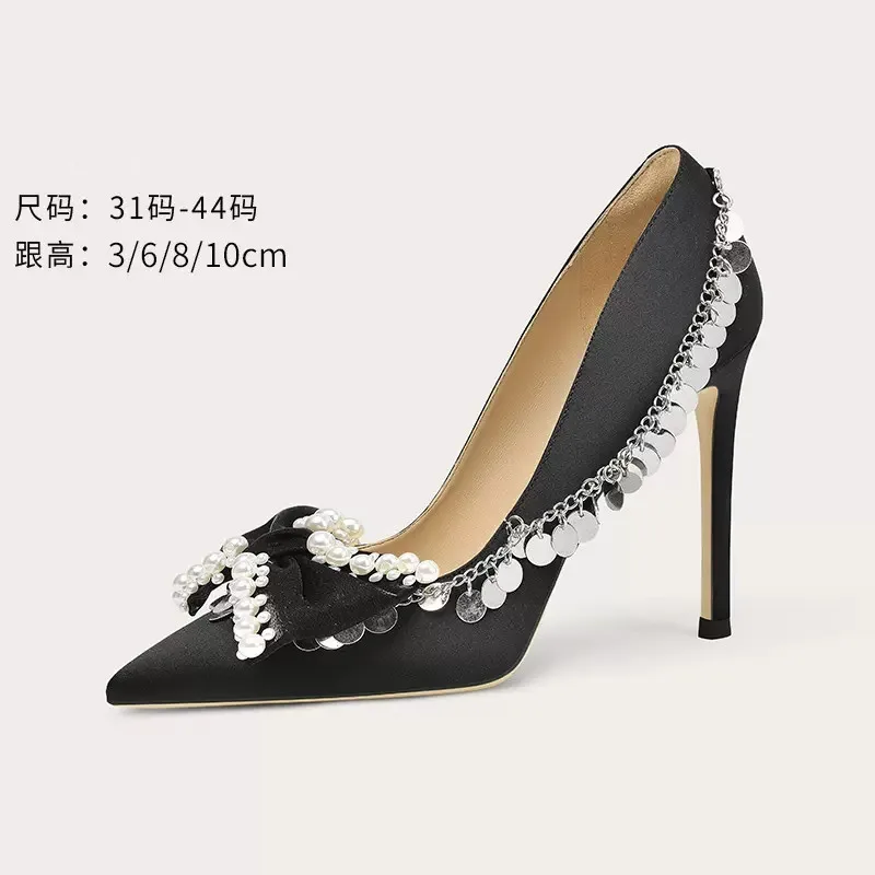 Spring and summer new pointy head silk face chain pearl bow single shoes thin high heel banquet dress large small women's shoes