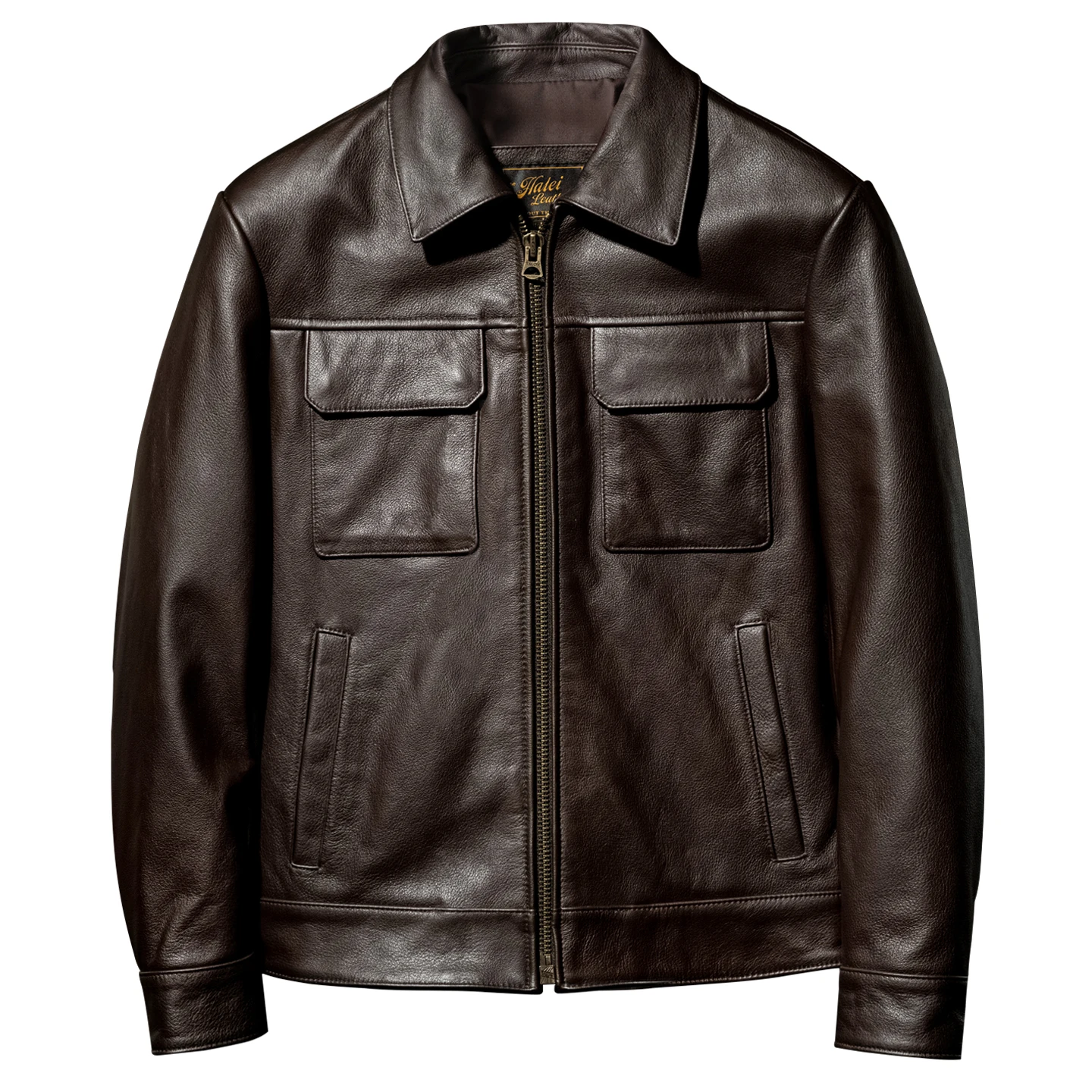 Men's Genuine Cowhide Leather Jacket Dark Brown Chore Work Coat Shirt Collar 4-Pocket Zip-Up Casual Autumn Winter Outerwear