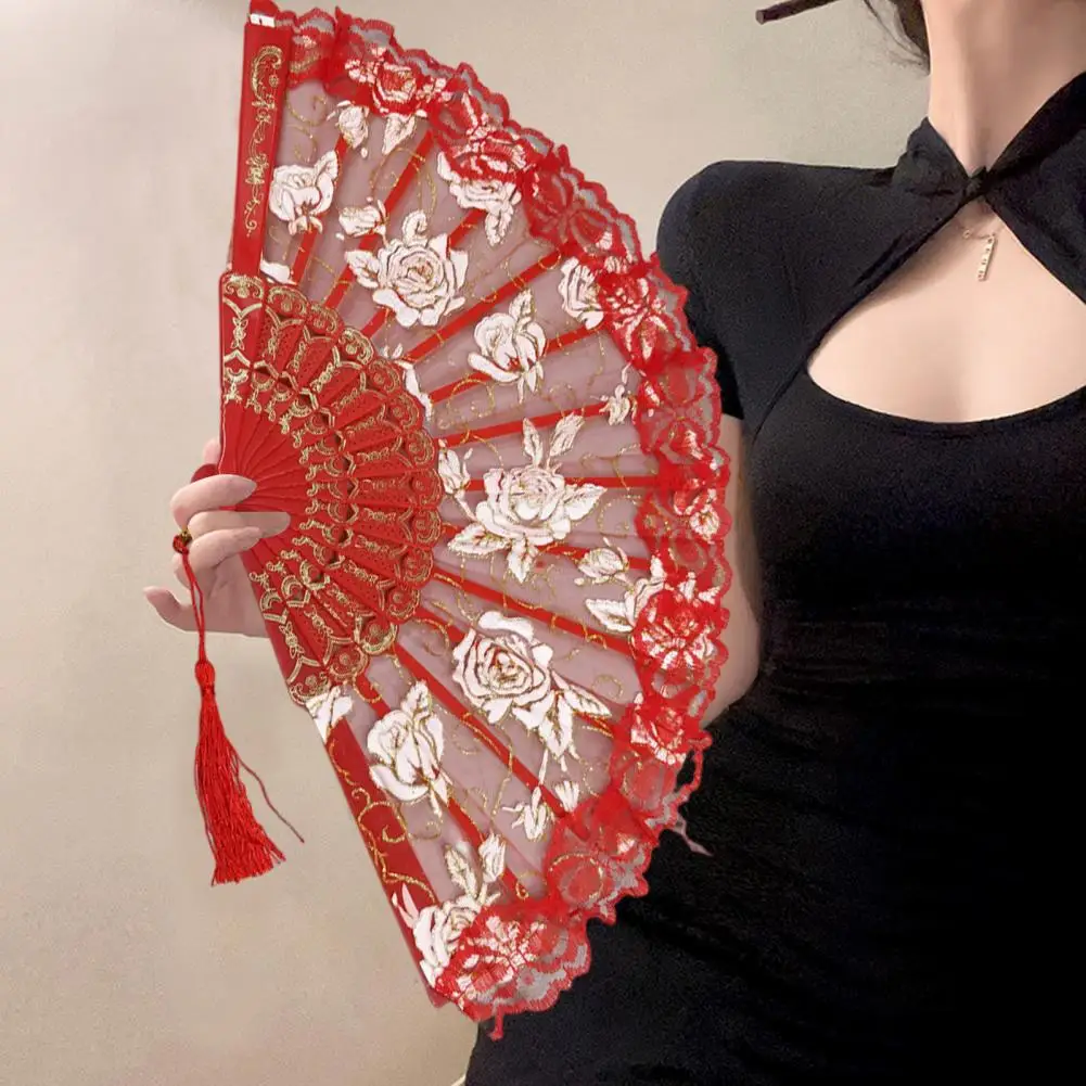 Rose Lace Folding Fan with Tassel Vintage Wedding Dance Performance Photo Prop Portable Summer Hand Held Fan Party Supplies Gift