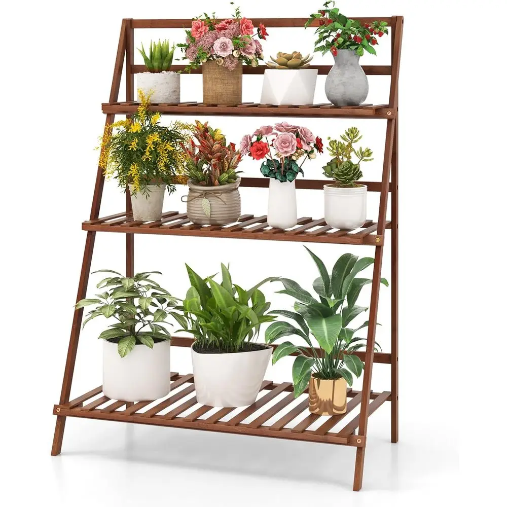 3-Tier Bamboo Display Ladder Shelf - Multifunctional Storage Rack
