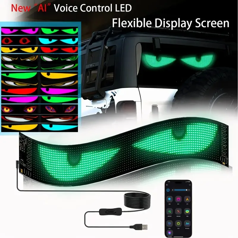 AI التحكم الصوتي عيون الشيطان نافذة السيارة شاشة عرض LED مرنة رقيقة جدا لوحة بكسل قابلة للبرمجة DIY تصميم التطبيق بلوتوث