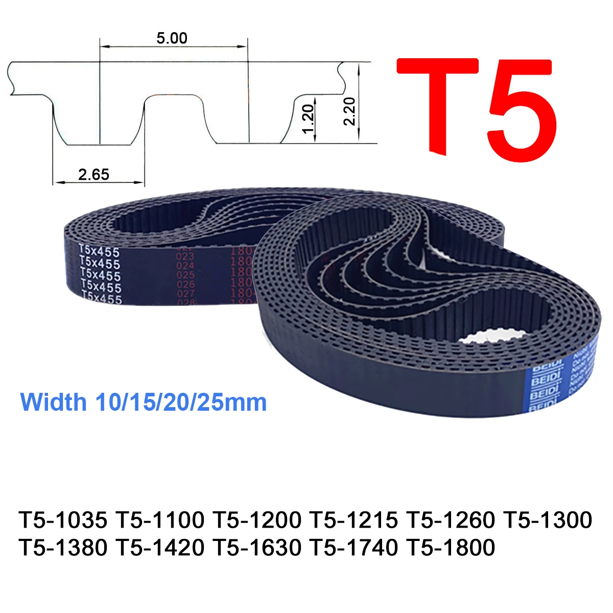 

1Pcs Width 10/15/20/25mm T5 Rubber Timing Belt 1035 1100 1200 1215 1260 1300 1380 1420 1630 1740 1800mm Synchronous Belt