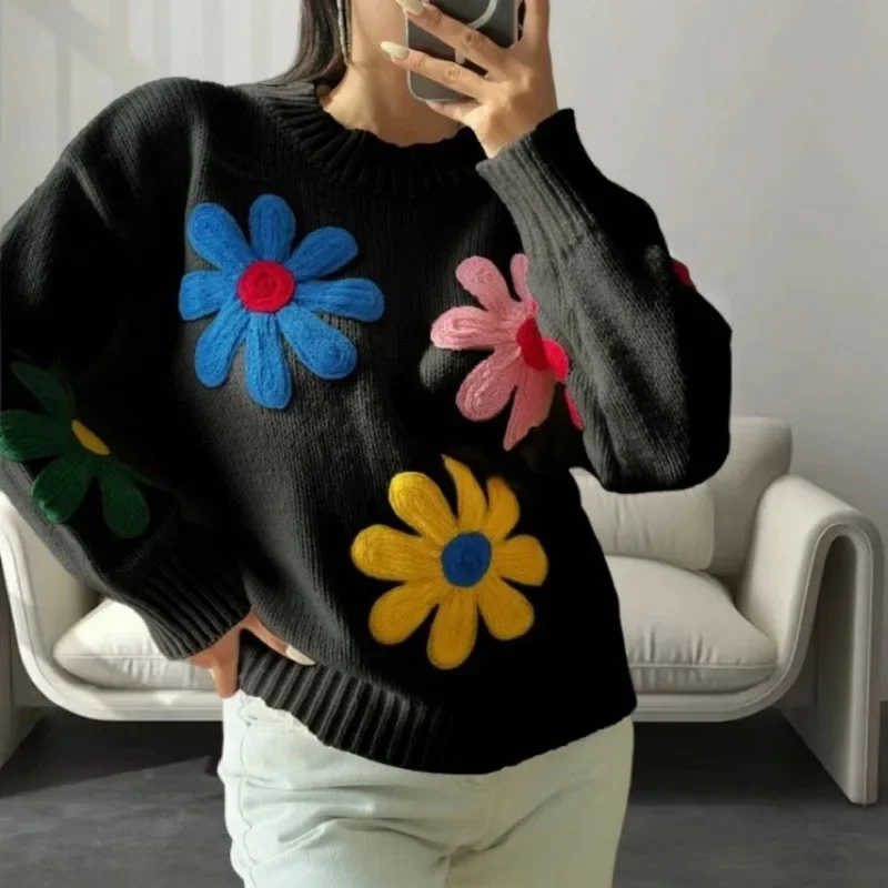 TARUXY Crochet Flower Pullover Knitted Sweater Women\'s Fashion Loose Lantern Long Sleeve Embroidery Knit Top Streetwear Fashion