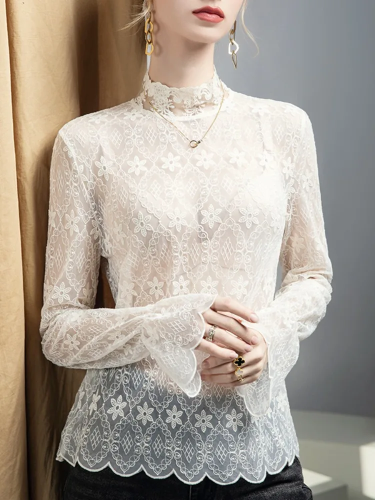 Stand Collar Embroidered Lace Blouse Women Bell Sleeve Loose Fit Top Chic Elegant Sexy Basic Innerwear 2025 Fall Winter New