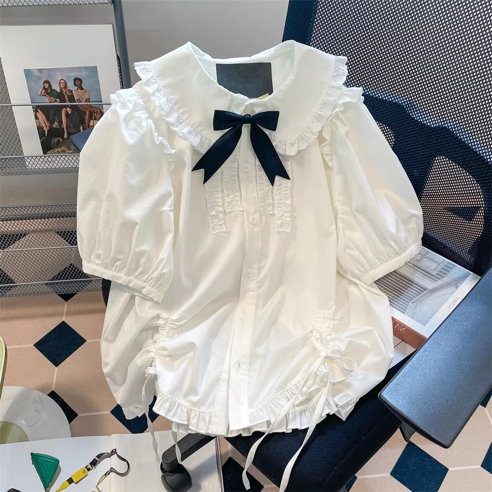 

Блузка Off White Sweet Bowtie с коротким рукавом и воротником-стойкой, женская летняя блузка уникального модного дизайна