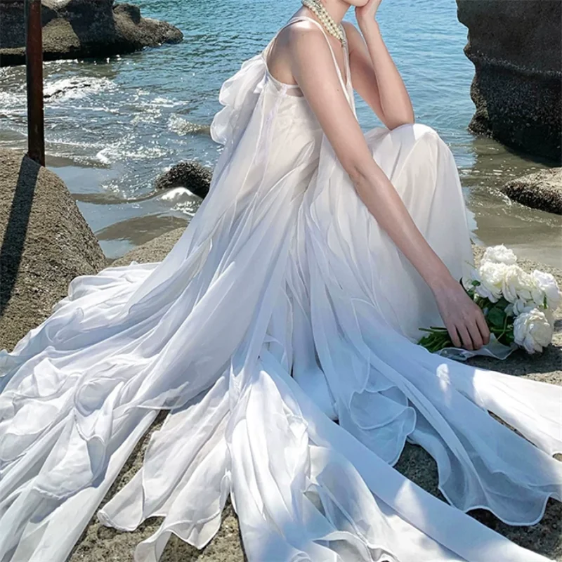 Layered Ruffles Summer Holiday V Neck White Beach Long Dress Robe Sleeveless Vacation Resort Style Fairy Maxi Dress Vestidos