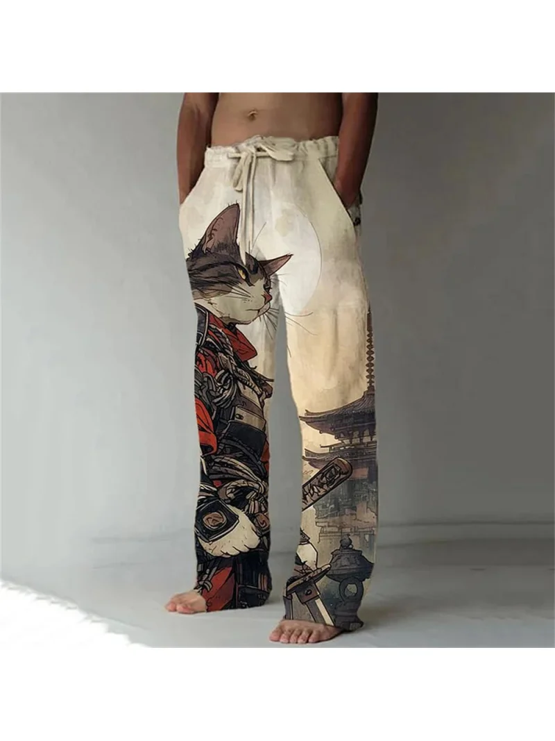 Japanese Samurai Cat Prints Wide Leg Pants Harajuku Casual Pants Hipster Summer Trousers Streetwear Men Clothing