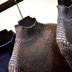 500g Winter glitter turtleneck thick knitted pullover Women long sleeve shiny warm sweater top shirt female