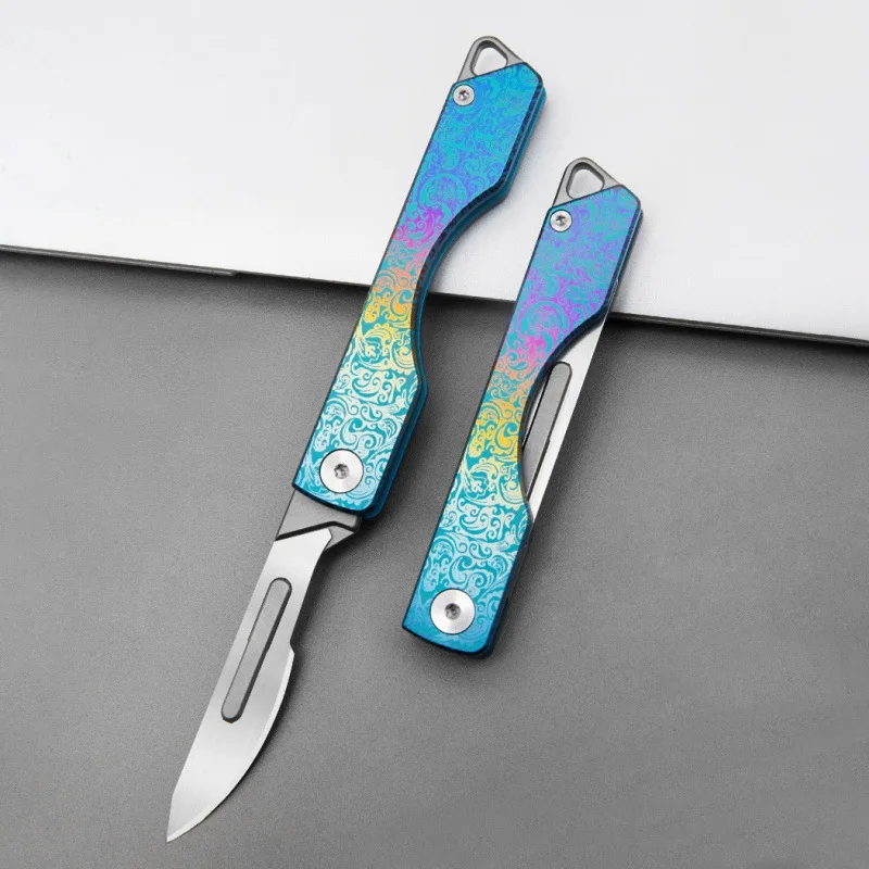 Colorful Titanium Alloy Folding Knife Can Replace Blades Scalpel Outdoor Survival Camping EDC Tool Keychain Pocket Knife Gift