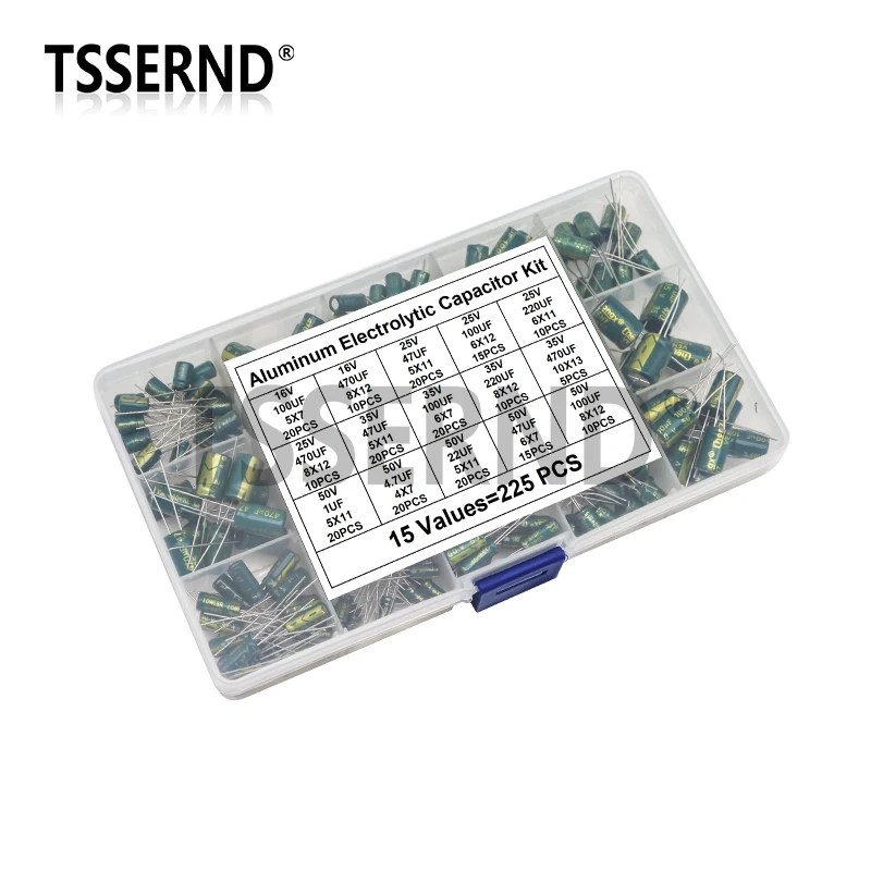 

225pcs/Box High Frequency Low ESR Aluminum Electrolytic Capacitor Kit 15Values 16V-50V 1uF-470uF Capacitance DIP Assorted Set