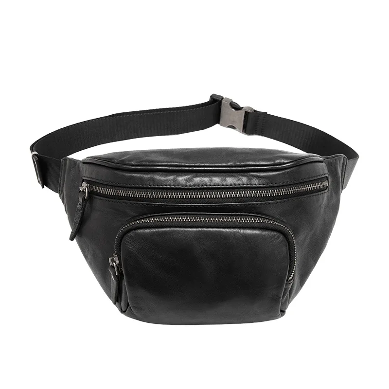 Imagem -05 - Bolsa de Cintura dos Homens Preto Moda Couro Genuíno Chest Pack Belt Bolsa para Adolescente Impermeável Homens Fanny Pack Novo