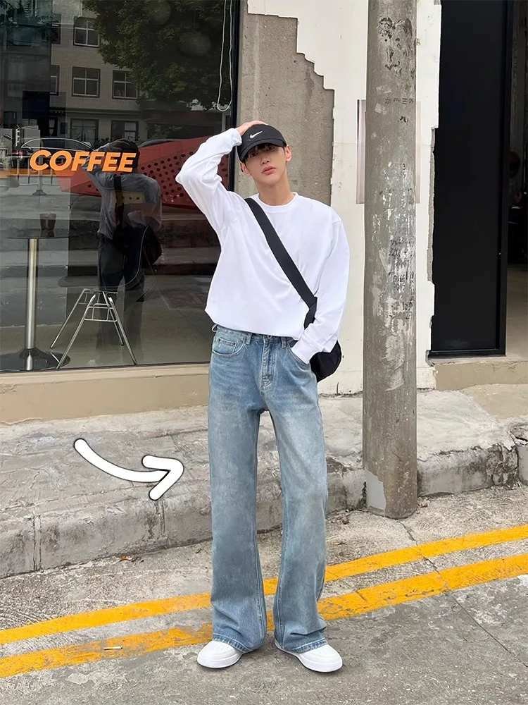 

Мужские джинсы-клеш в корейском стиле, синие, повседневные, свободные, прямые, в пол, модные молодежные джинсовые брюки
