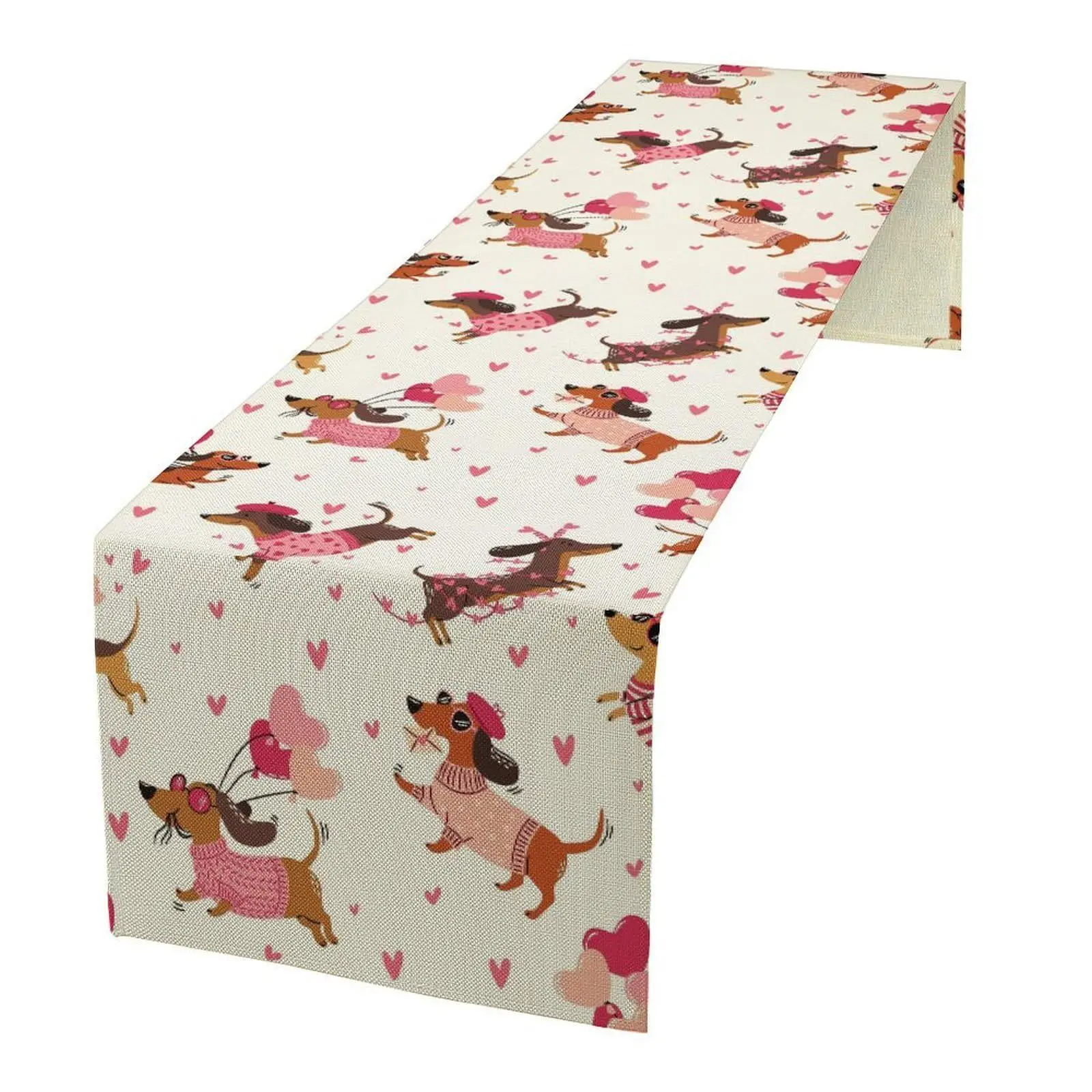 Linen Table Runner Red Plaid with Cute Dachshund in Christmas Sweater  Snowflakes Dog Lover Table Decor Holiday Kitchen
