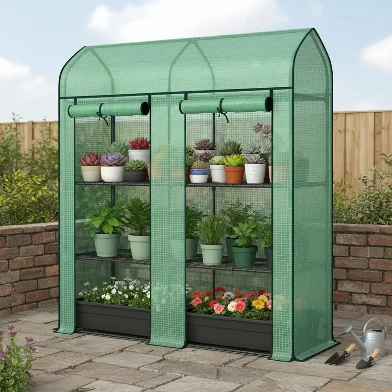 

3 Tier Mini Greenhouse, Small Portable Greenhouse with 2 Roll-up Doors, 56.3" x 18.1" x 65", Green