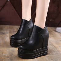 14CM Spring Autumn Thick Soled Short Boots Women Platform Wedge Heels Female Ankle Boots Height Increasing Soft Leather Zipper